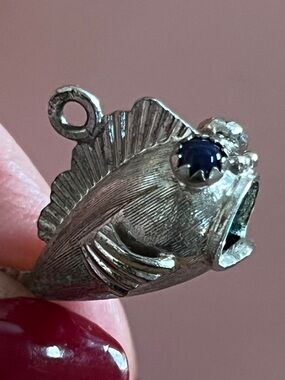 Sterling Silver Vintage Fish Pendant Charm with Blue stone Eyes - marine life
